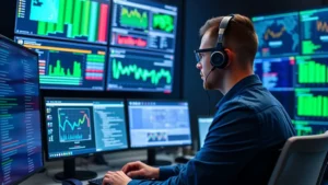 Professional cybersecurity analyst monitoring multiple digital screens displaying network traffic, threat intelligence dashboards, and security alerts in a modern security operations center with blue and green holographic displays