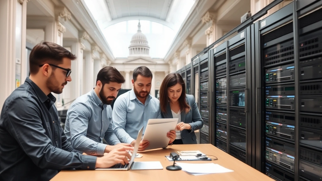 Team of diverse IT security professionals conducting a security audit in a government building, examining server infrastructure and network equipment with security scanning tools