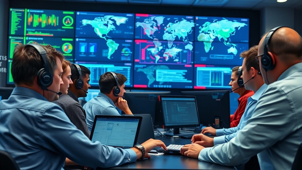 Diverse team of IT security professionals in a government control center coordinating incident response, collaborative security operations with communication headsets, wall displays showing network infrastructure and threat maps