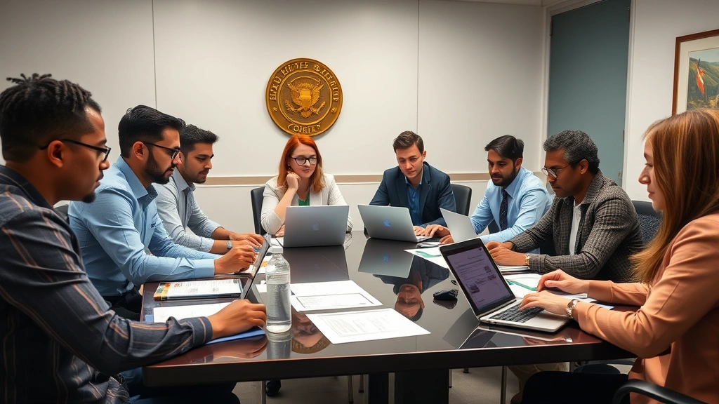 A diverse team of cybersecurity professionals in a government office setting reviewing security protocols and compliance documents on a conference table with laptops and security assessment reports