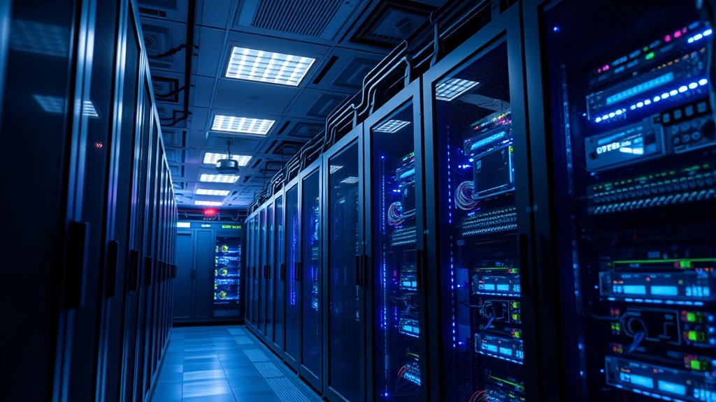 Modern data center with server racks illuminated with security-focused lighting, showing network cables and infrastructure security measures, representing Andhra Pradesh critical infrastructure protection
