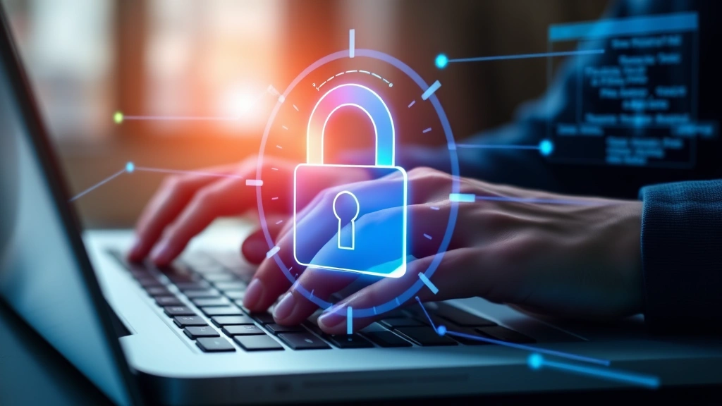 Close-up of hands typing on a laptop with digital security padlock hologram overlay, representing data encryption and secure digital transactions in banking environment