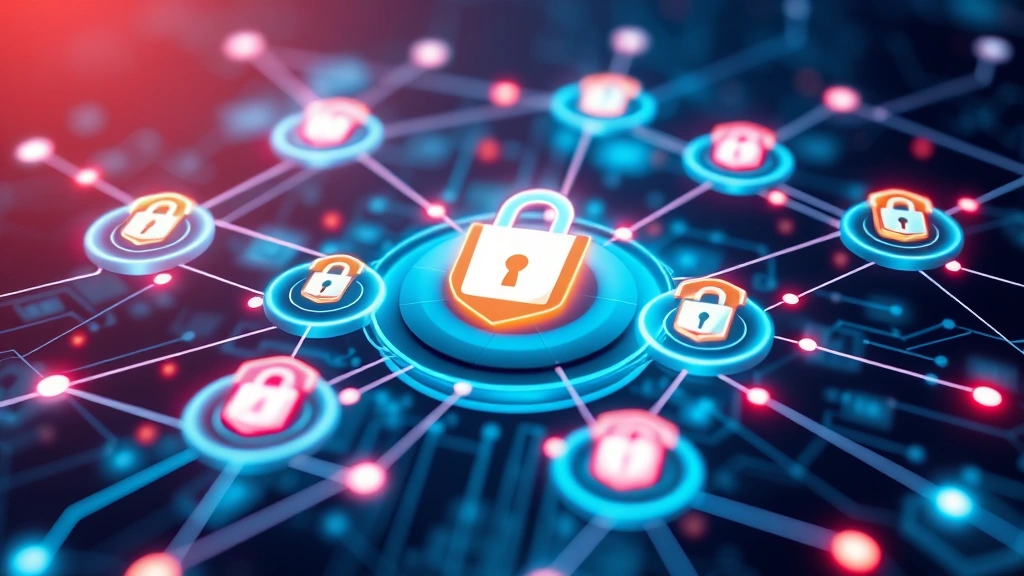 Digital security infrastructure visualization with interconnected nodes, padlock symbols, and shield protection icons representing layered defense systems, abstract cybersecurity protection network with flowing data streams and secure connections
