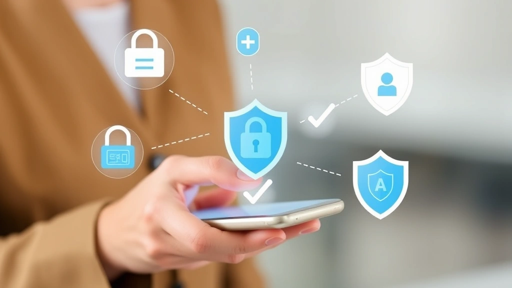 A person using a smartphone with security icons floating around it representing encryption, multi-factor authentication, and digital protection shields in a clean, modern visual style