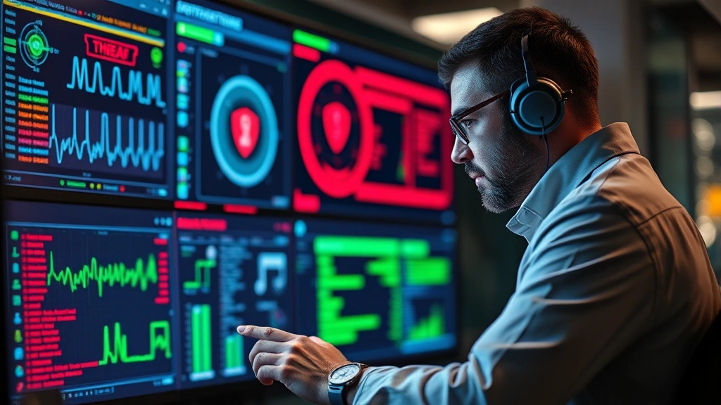 Cybersecurity expert conducting security assessment with advanced monitoring tools visible, depicting threat detection and incident response capabilities for enterprise protection