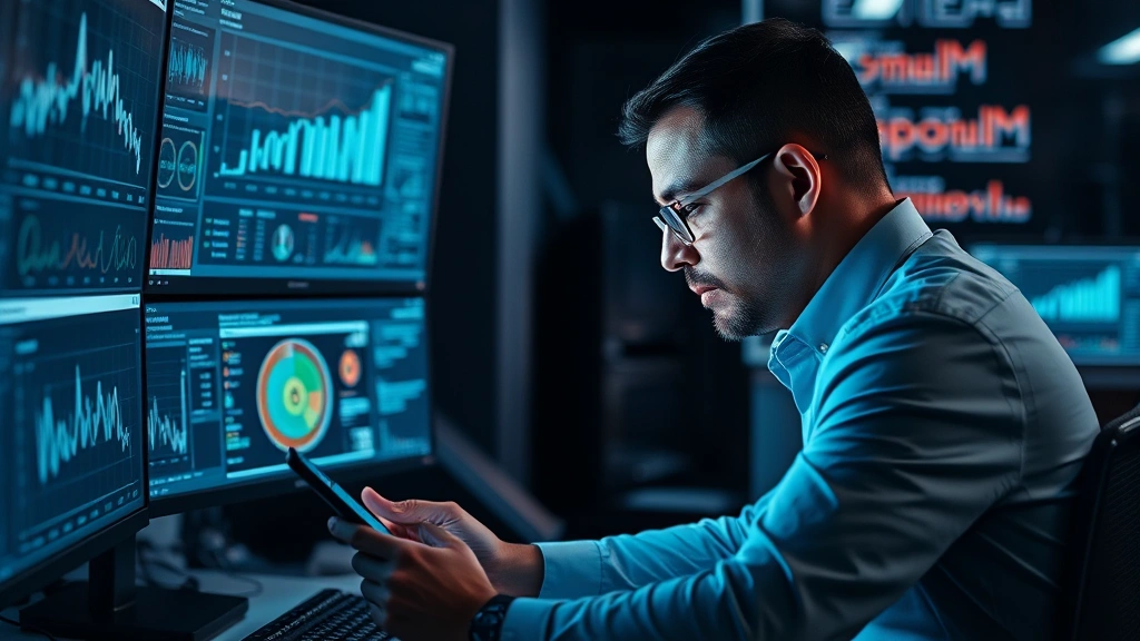 Professional cybersecurity analyst examining smartphone security metrics on multiple monitors, focused concentration, modern tech environment, dramatic lighting