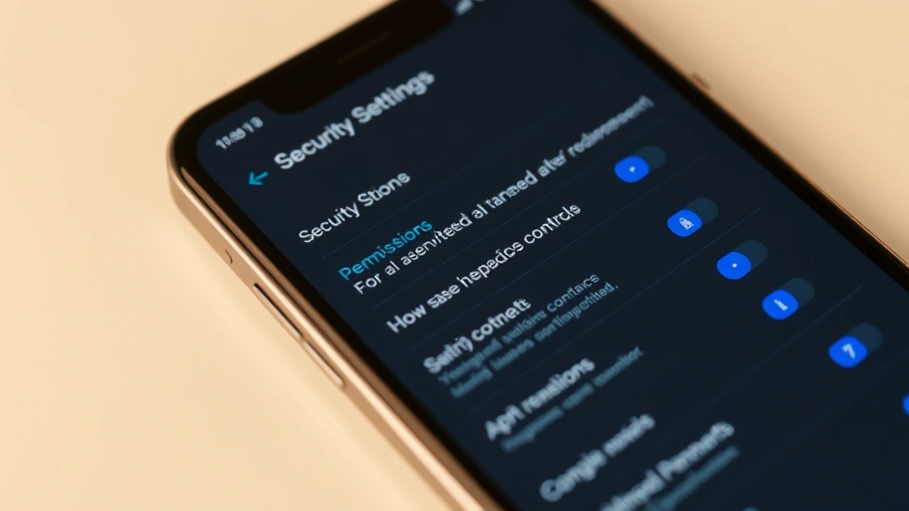 Smartphone displaying security settings menu with permission controls highlighted, clean interface design, blue security indicators, professional product photography