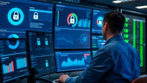 Cybersecurity analyst monitoring multiple dashboard displays with lock icons and security alerts, professional data center environment, blue and green security indicators