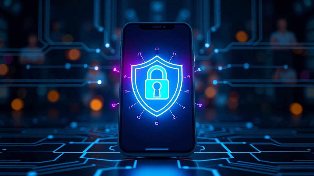 Smartphone displaying security shield symbol with encryption padlock, modern minimalist design, digital protection visualization, glowing security elements