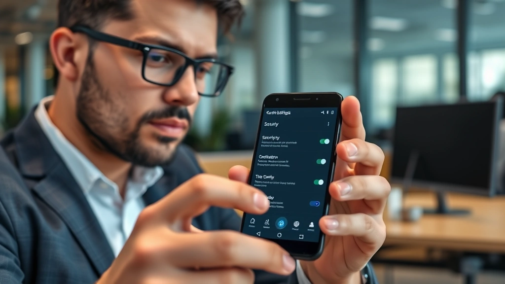 Tech-savvy user reviewing device settings on Android phone screen, security configuration menus visible, professional office setting, focused on privacy controls