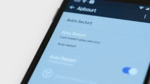 Photorealistic close-up of an Android smartphone screen displaying security settings and auto restart configuration menu with glowing interface elements, modern minimalist design, subtle cybersecurity visual metaphors like shield icons and protection indicators, clean background