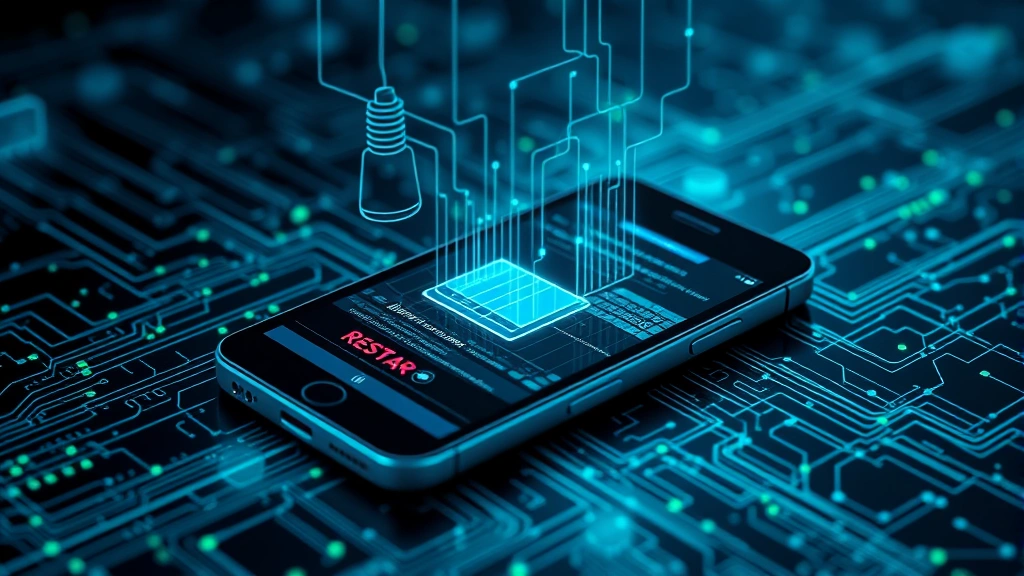 Photorealistic illustration of digital data streams and network connections flowing through a smartphone device, representing malware interruption during system restart, blue and green security-focused color palette, abstract cybersecurity visualization without text
