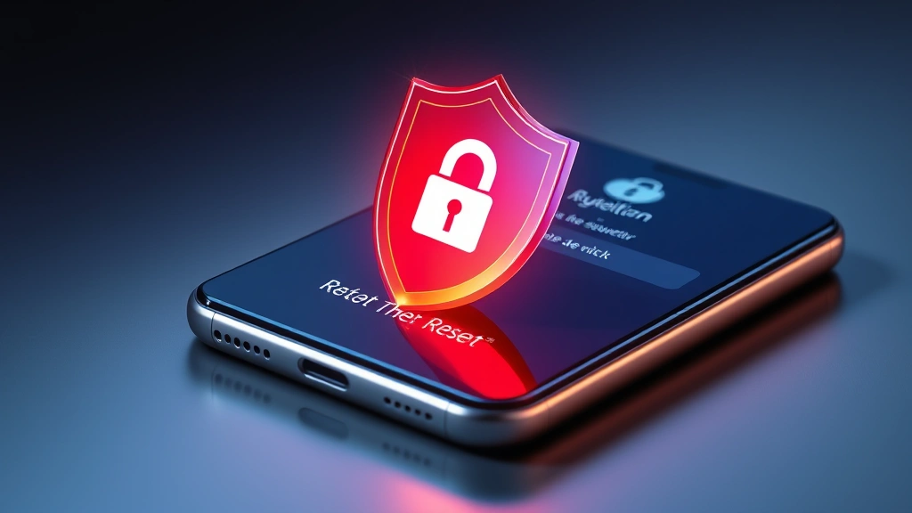Photorealistic image of a smartphone with protective shield overlay and security lock symbols, device appearing to reset with glowing restart indicators, depicting system integrity verification and kernel security protection mechanisms in action