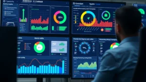 Cybersecurity professional monitoring Android device security dashboard with vulnerability charts and patch status indicators on multiple screens, modern SOC environment