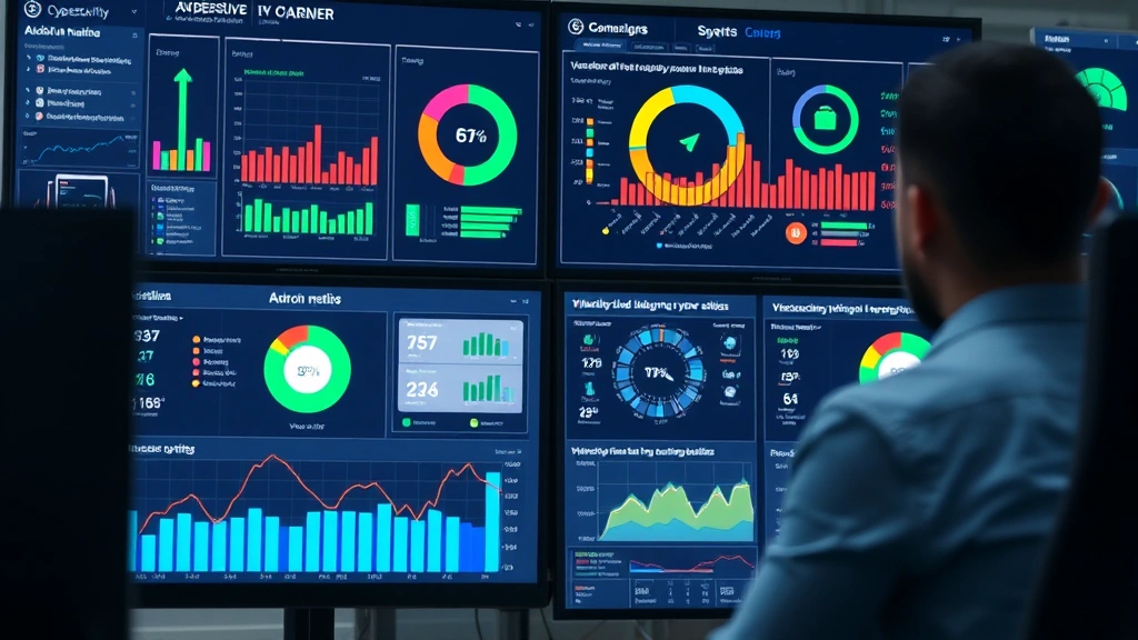 Cybersecurity professional monitoring Android device security dashboard with vulnerability charts and patch status indicators on multiple screens, modern SOC environment