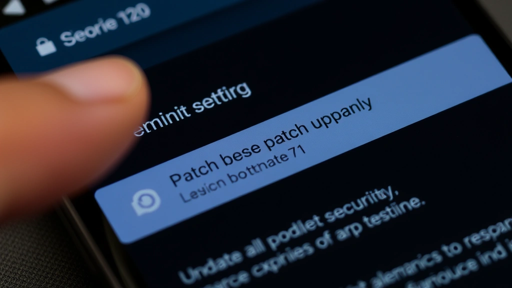 Close-up of smartphone screen displaying Android security settings menu with patch level date highlighted, hand gesture pointing to update notification
