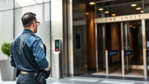 Professional security officer in uniform conducting perimeter assessment at corporate building entrance, alert posture, modern access control system visible in background, daytime professional setting