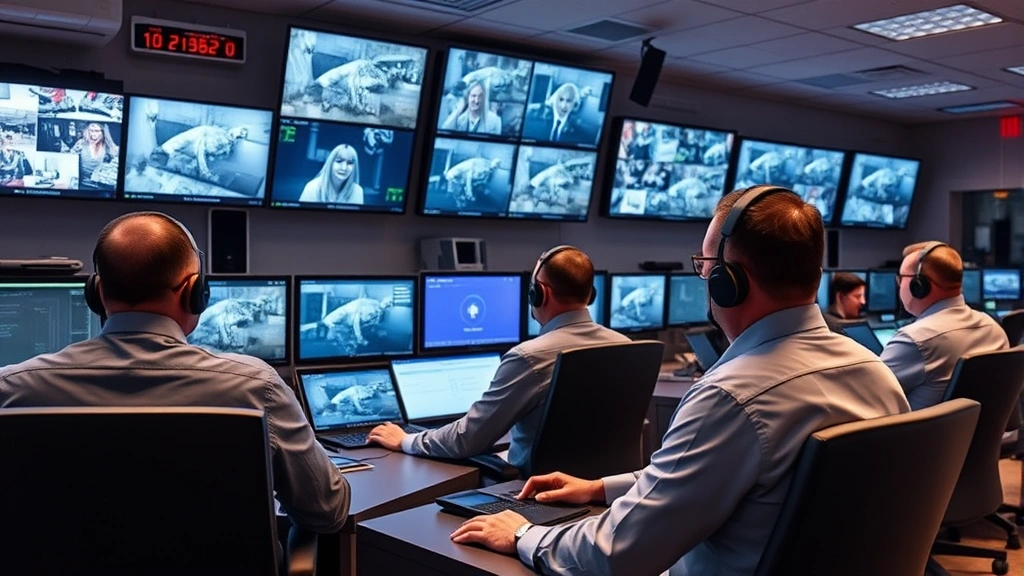 Security operations center with multiple staff members monitoring surveillance systems, professional attire, focused on control panels and displays