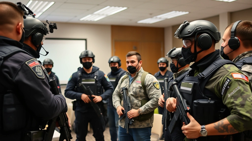 Diverse security team in tactical gear attending training seminar with instructor demonstrating emergency response procedures, focus on teamwork and professional development atmosphere