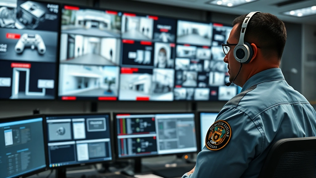 Security supervisor reviewing incident reports and surveillance monitors in modern command center, professional environment with multiple screens showing building access points and security status