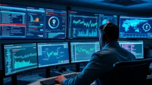 Cybersecurity analyst monitoring multiple threat detection dashboards with real-time alerts and network traffic visualization on computer screens in a modern security operations center