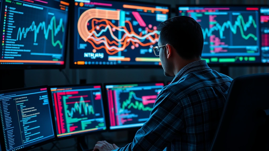 Photorealistic image of a security analyst monitoring multiple screens displaying network traffic patterns and threat indicators in a modern operations center, professional cybersecurity environment with dramatic lighting, no terminal windows or code visible