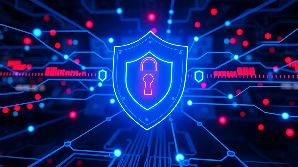 Digital security shield protecting interconnected network nodes and devices with glowing blue protection barriers against red threat indicators in cyberspace