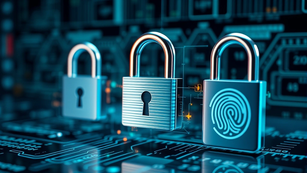 Photorealistic illustration of encrypted data representation with padlock symbols and authentication factors including fingerprint scanner and security token, abstract digital protection concept, cool metallic tones, no visible text or technical specifications