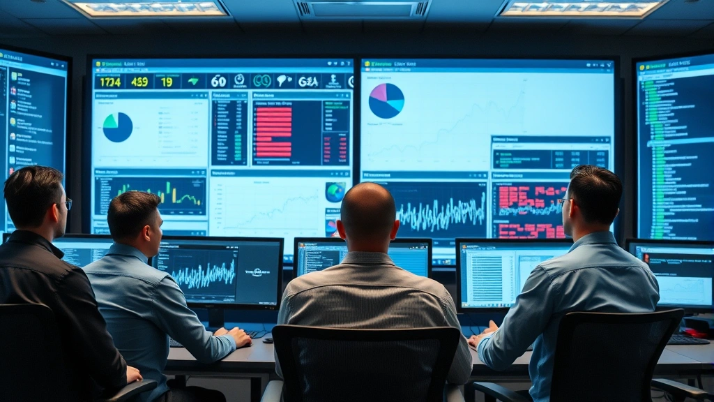 Enterprise security team reviewing incident response procedures with threat intelligence reports and security metrics displayed on large command center monitors