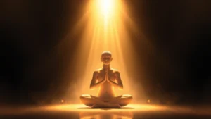 Serene figure in peaceful meditation posture surrounded by soft golden and white light emanating from above, creating protective aura, photorealistic spiritual imagery, calm sanctuary environment