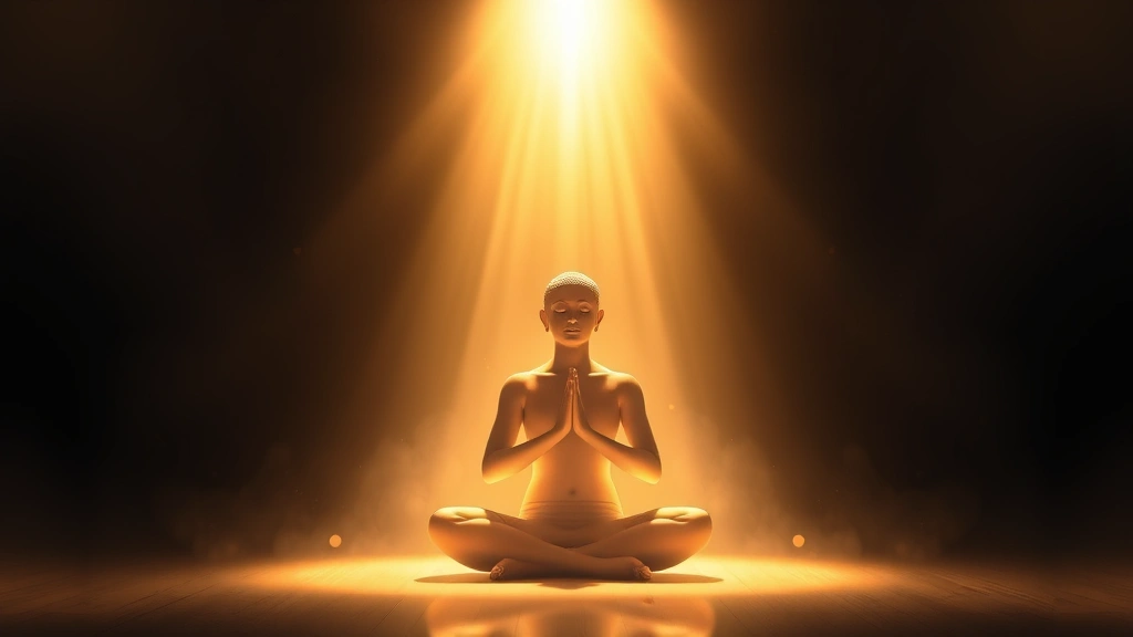 Serene figure in peaceful meditation posture surrounded by soft golden and white light emanating from above, creating protective aura, photorealistic spiritual imagery, calm sanctuary environment