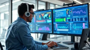 Cybersecurity analyst in modern office monitoring multiple security dashboards displaying network traffic and threat intelligence data on large screens