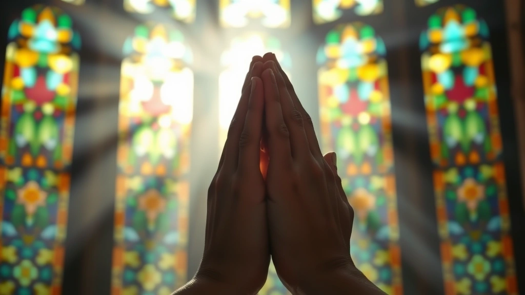 Hands pressed together in prayer position with ethereal light streaming through stained glass window patterns, creating protective glow around clasped hands, photorealistic devotional scene