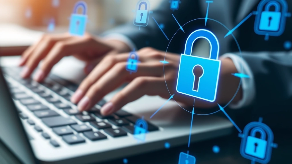 Close-up of hands typing on keyboard with digital lock icons and blue security patterns floating in air around the workspace