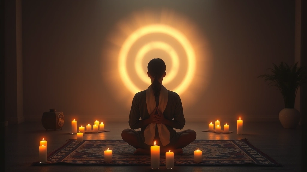 Person sitting peacefully in candlelit room with gentle light forming protective circle of energy around them, serene spiritual atmosphere, photorealistic calming sanctuary