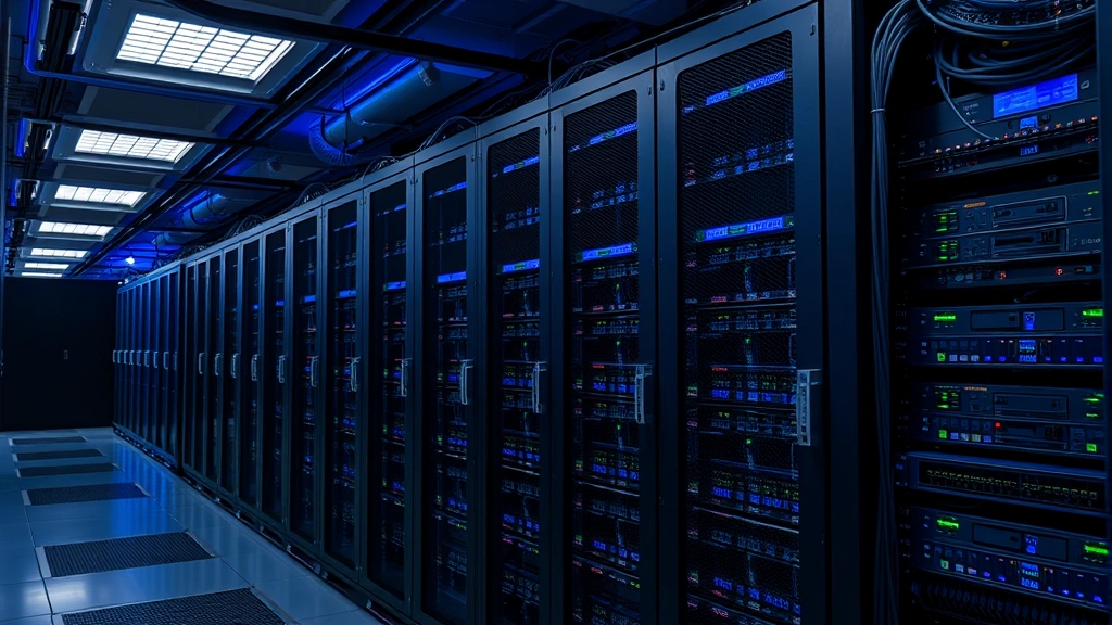 Data center server room with rows of servers, blue and green LED lights, secure cabinet locks, and network cables organized systematically