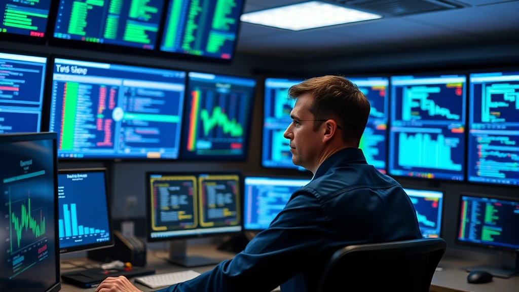 Security operations center with multiple monitors displaying network traffic analytics, cybersecurity professionals monitoring real-time threat data, focused and concentrated expressions, professional workspace environment, blue and green data visualizations on screens