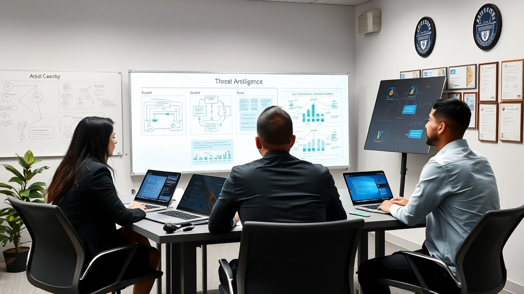Team of diverse cybersecurity experts in collaborative meeting discussing threat intelligence, reviewing security architecture diagrams on whiteboards, laptops with security dashboards, professional office setting with security certificates on walls