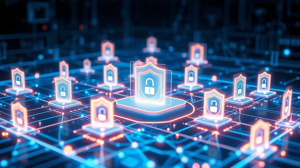 Advanced AI security system visualization showing digital protection layers, network nodes with security shields, threat detection algorithms at work, abstract cybersecurity infrastructure, glowing protective barriers around data systems
