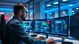 Cybersecurity professional analyzing threat data on multiple monitors in a modern office environment with blue ambient lighting, showing focus and concentration on digital security monitoring