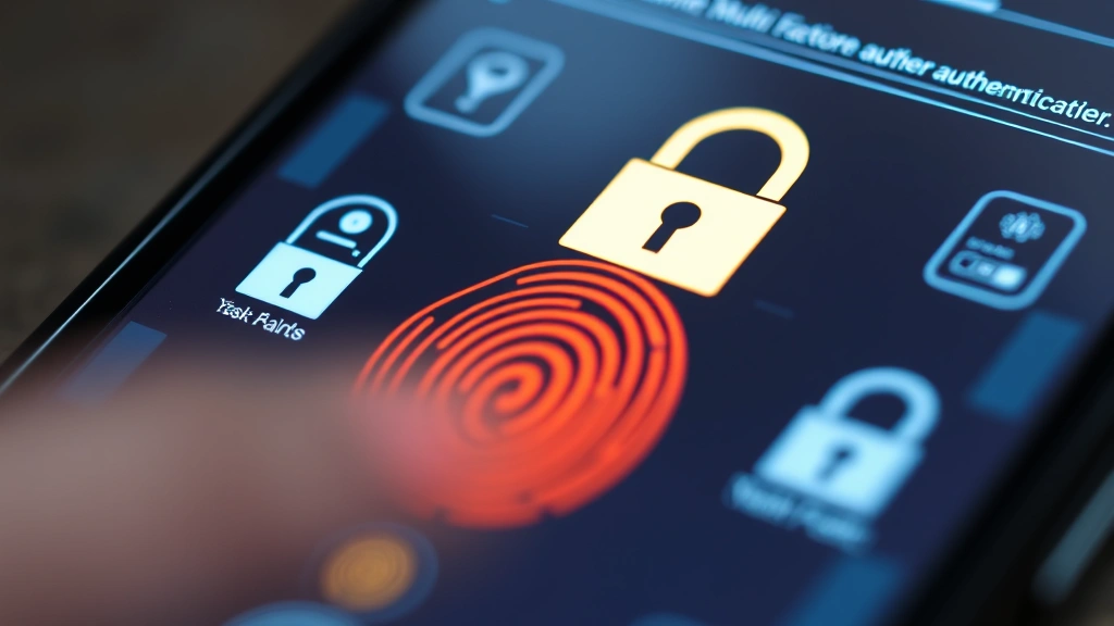 Close-up of biometric authentication technology displaying fingerprint scanning on a smartphone screen with digital lock icons and security indicators, representing multi-factor authentication
