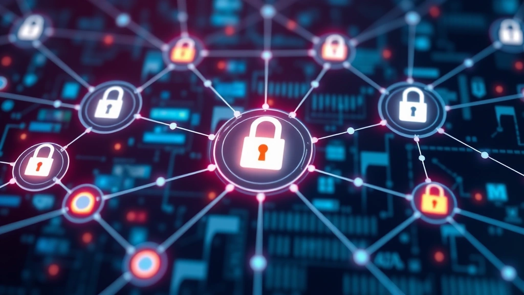 Network security visualization showing interconnected nodes and data protection barriers in a digital environment, with padlock symbols and encryption indicators protecting information flow