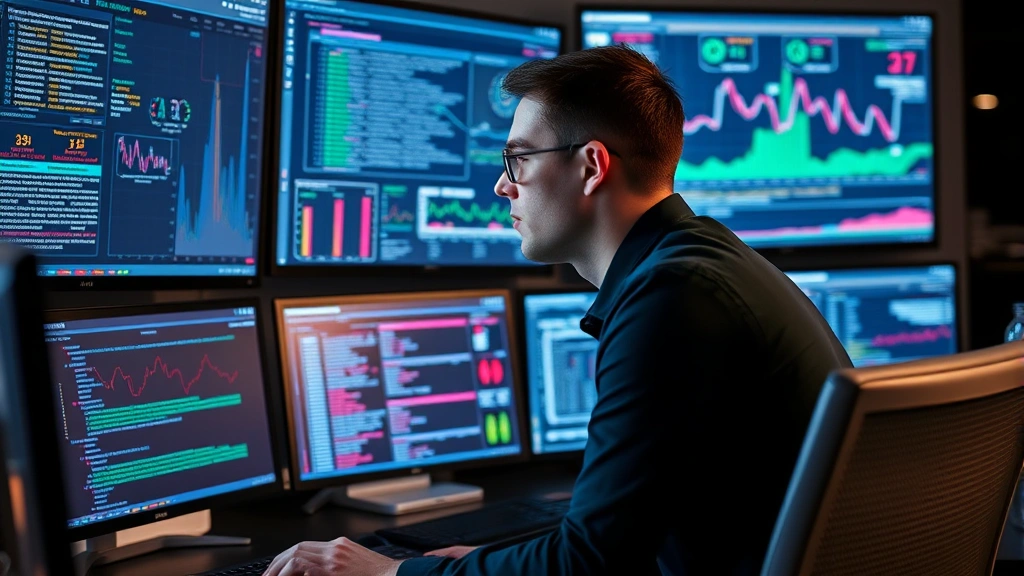 Professional cybersecurity analyst monitoring multiple security dashboards with network traffic visualizations in a modern SOC environment, focused expression, multiple screens showing data flows