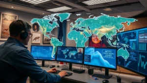 Cybersecurity professional monitoring wildlife tracking data on multiple screens in modern conservation office, holographic map display showing endangered species locations with secure encryption overlays, professional workspace with conservation mission posters