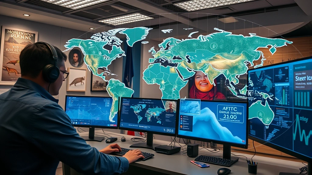 Cybersecurity professional monitoring wildlife tracking data on multiple screens in modern conservation office, holographic map display showing endangered species locations with secure encryption overlays, professional workspace with conservation mission posters