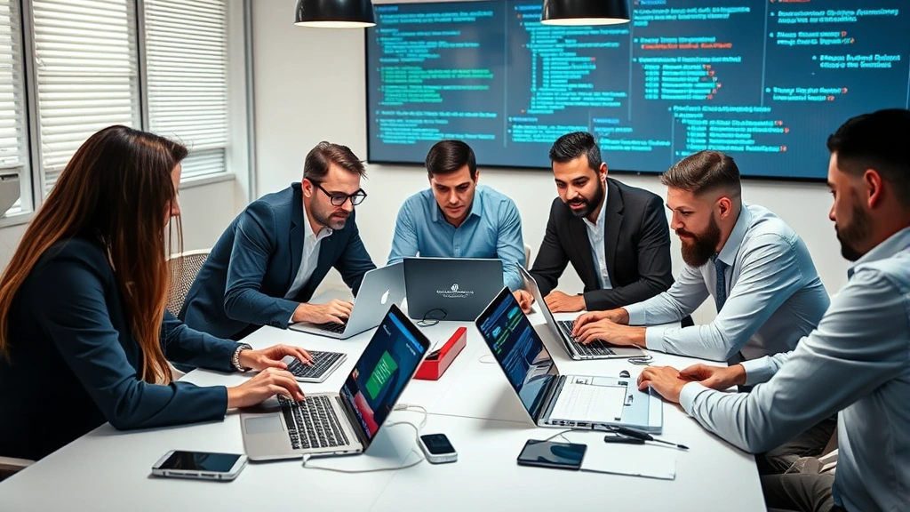 Diverse team of security professionals collaborating around a table with laptops during incident response meeting, reviewing threat intelligence reports and discussing strategies