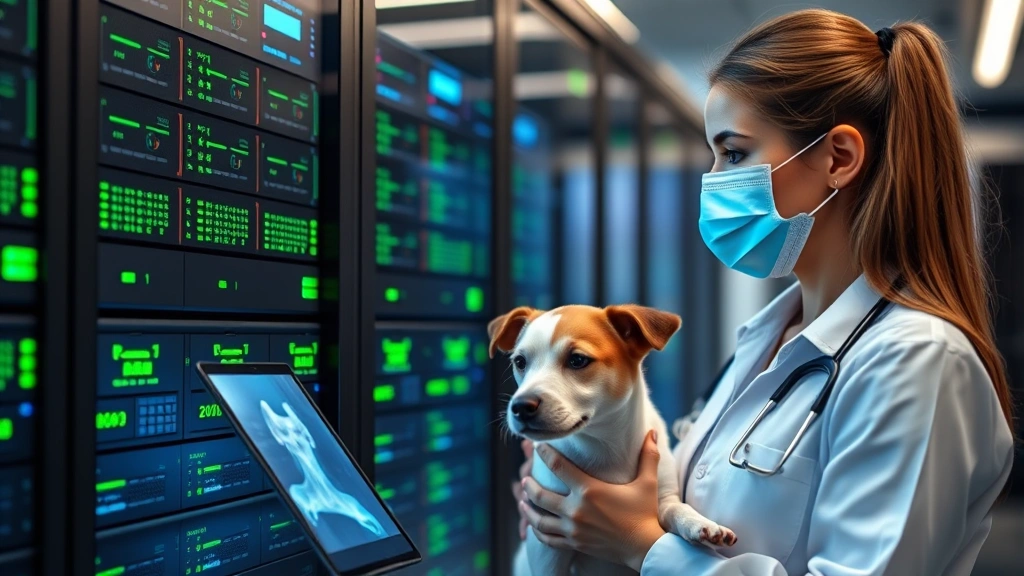 Female security engineer implementing network security for veterinary telemedicine platform, modern data center with green LED indicators, secure server infrastructure protecting animal health records, professional technical environment with veterinary imagery