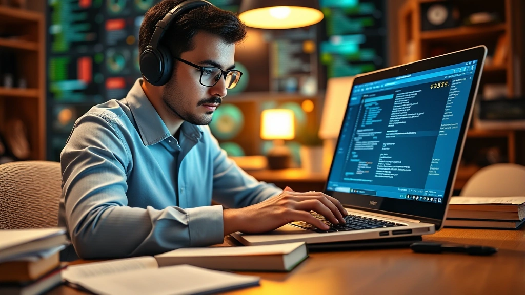Cybersecurity professional studying for certification exam with laptop, books, and notes visible, focused on learning, warm office lighting with technology background