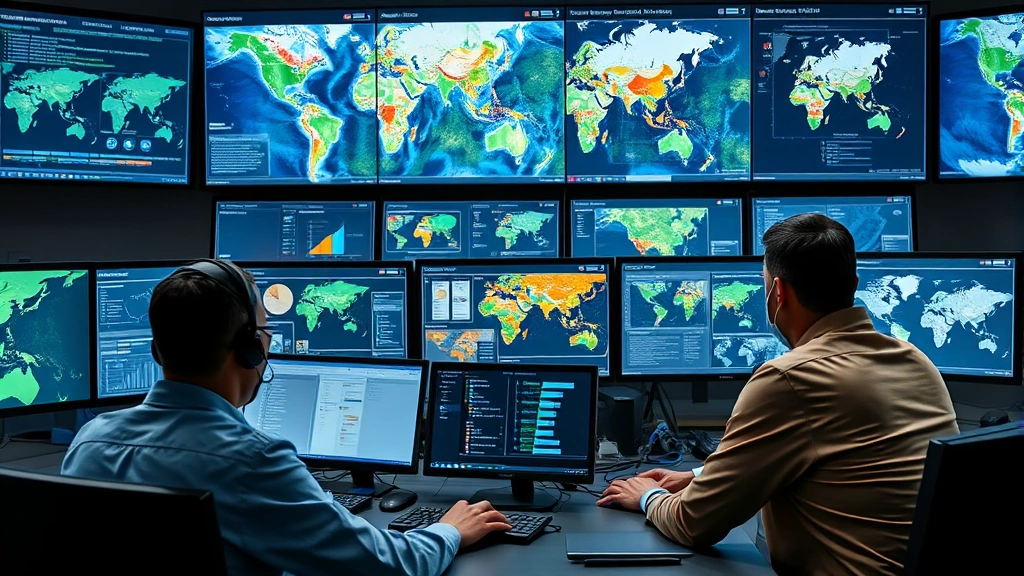 Incident response team analyzing cyber attack on conservation platform, multiple monitors displaying threat analysis dashboards, team of professionals collaborating in secure operations center, maps and wildlife data visualization in background