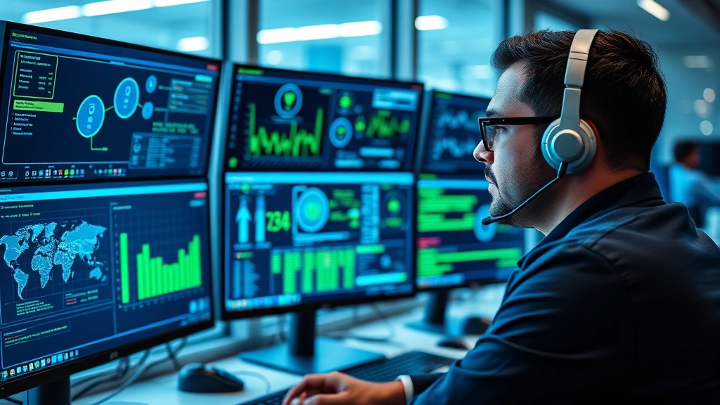 Professional cybersecurity analyst monitoring multiple computer screens displaying network security dashboards with glowing data visualizations and threat detection alerts, modern office environment, focused expression, blue and green security interface indicators